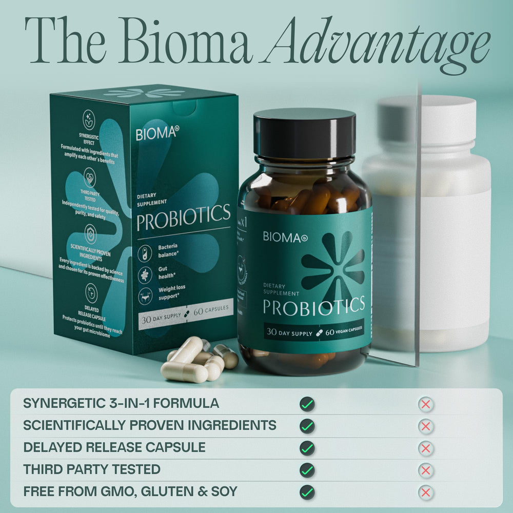 BIOMA Probiotics vegan gluten-free packaging communicates inclusive dietary options