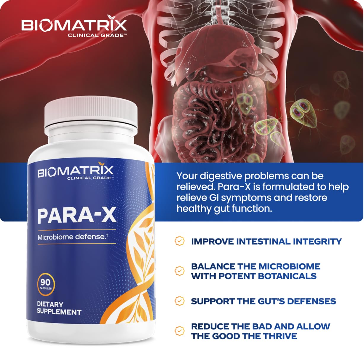 BioMatrix para-X packaging emphasizes 90 veggie capsules for a 30-60 day supply