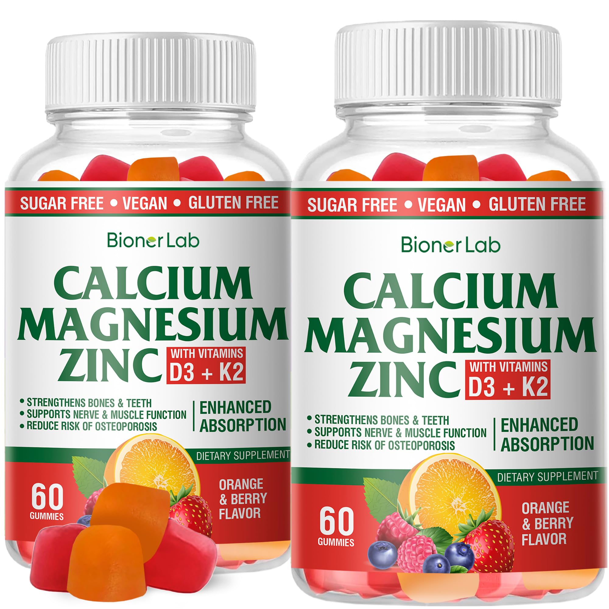 Hero image of BionerLab Calcium Magnesium Zinc Gummies with Vitamin D3 & K2 in orange and berry flavor
