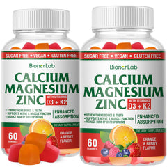 Hero image of BionerLab Calcium Magnesium Zinc Gummies with Vitamin D3 & K2 in orange and berry flavor