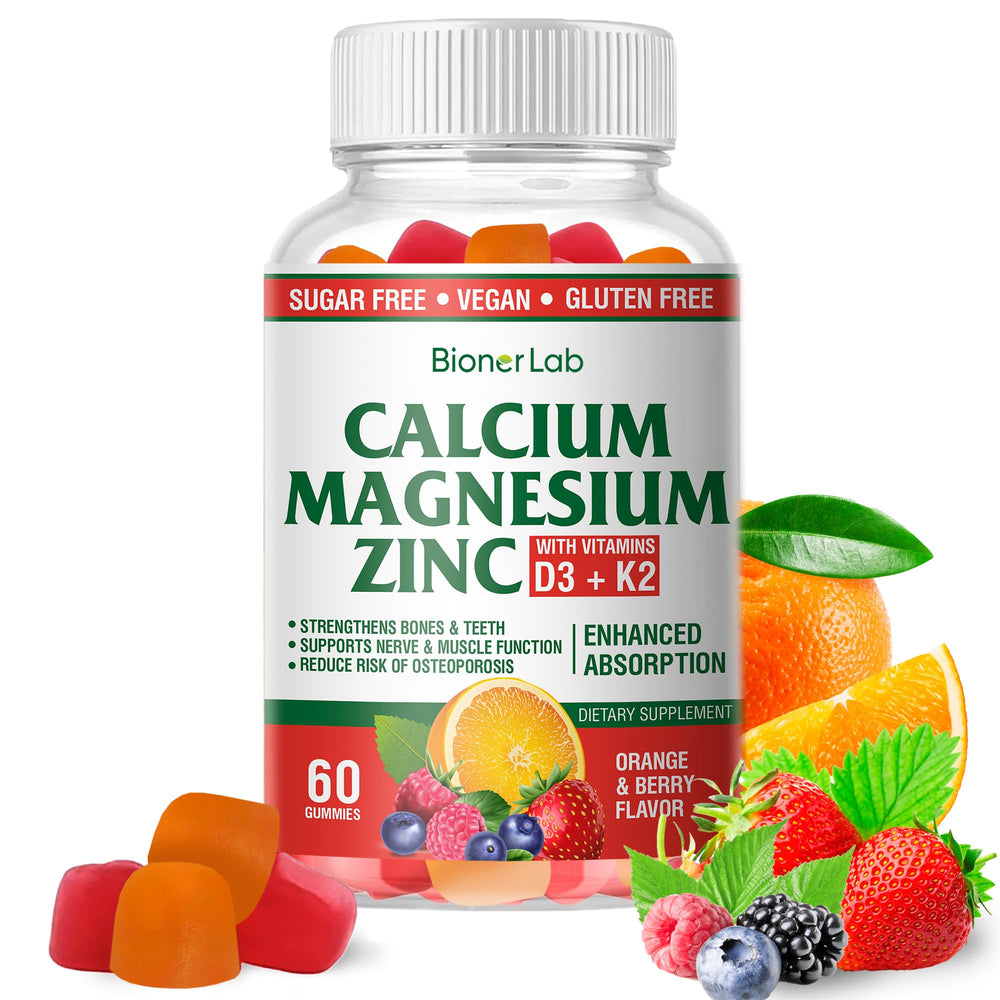 Bottle of BionerLab Calcium Magnesium Zinc Gummies with Vitamin D3 & K2 - Orange and Berry flavor