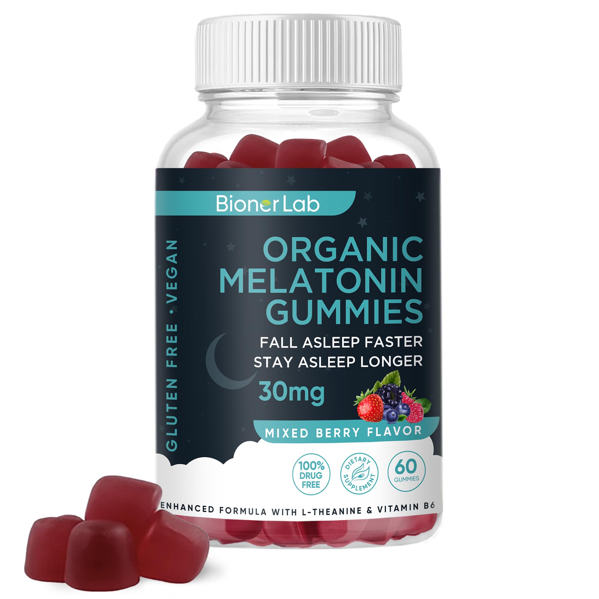 BionerLab Melatonin Gummies bottle label showing 30mg dose