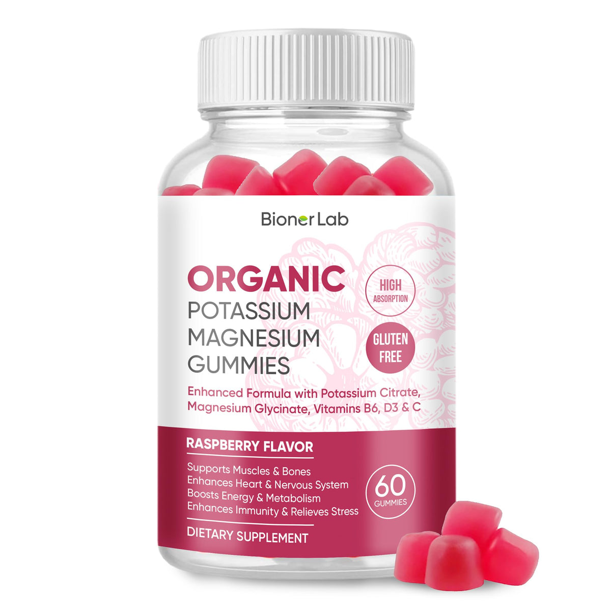 BionerLab Potassium Magnesium Gummies raspberry-flavored bottle