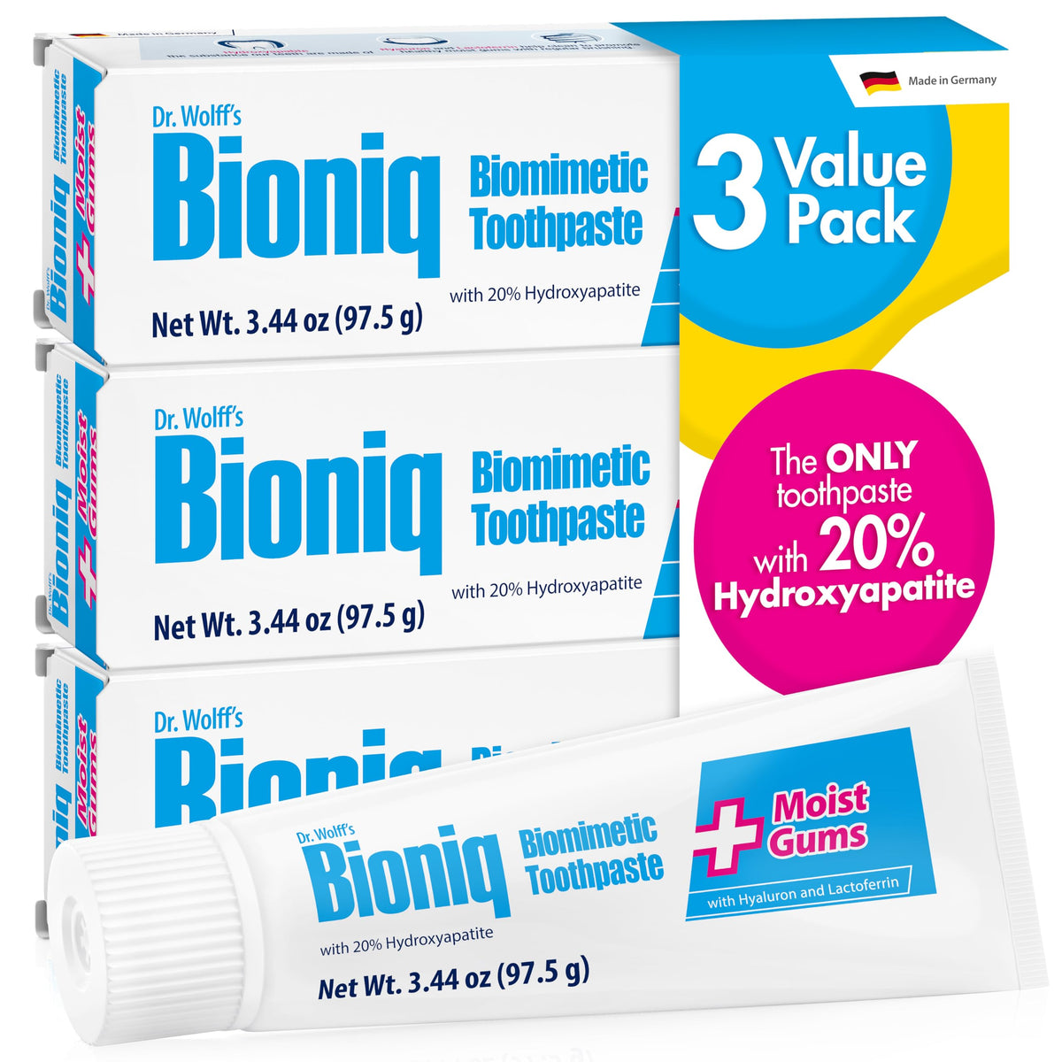 Bioniq Plus Biomimetic Toothpaste packaging with 3 tubes (3.44 oz each)