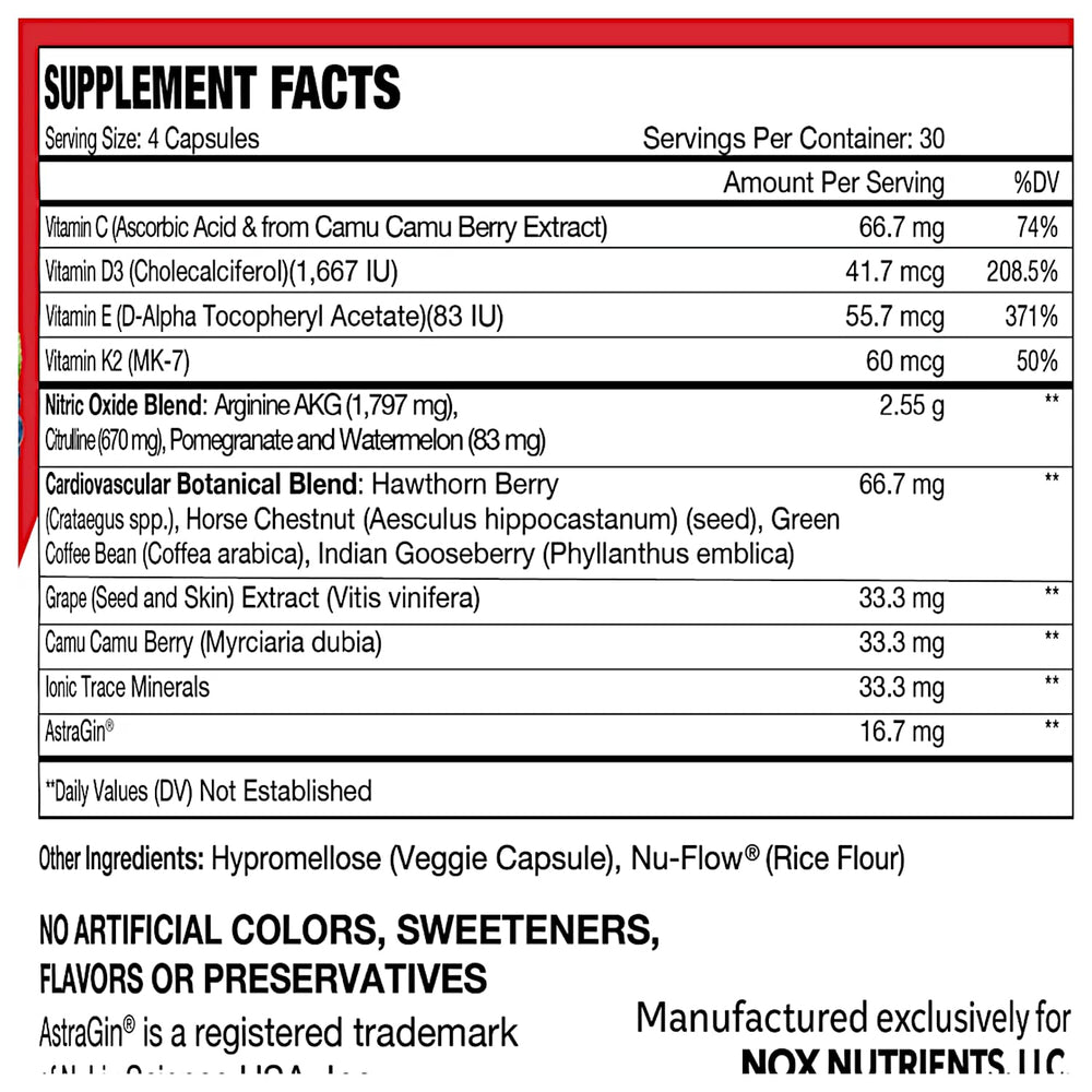 Bionox Potent Nitric Oxide Capsules bottle back with supplement facts and usage notes.