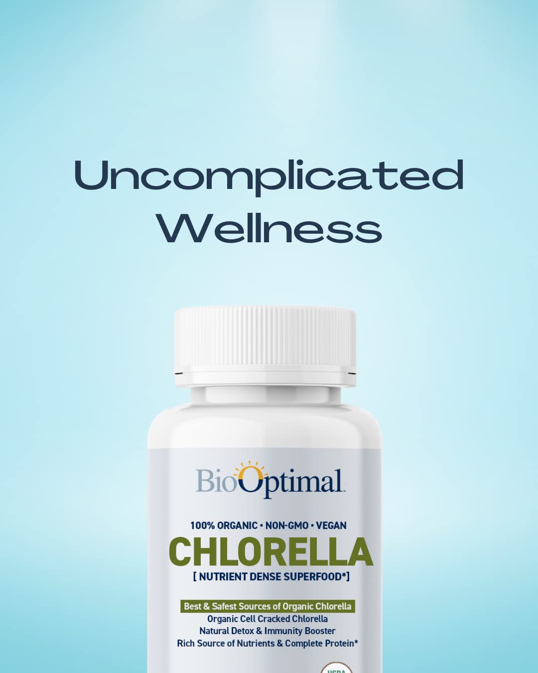 BioOptimal Organic Chlorella Tablets bottle on white background