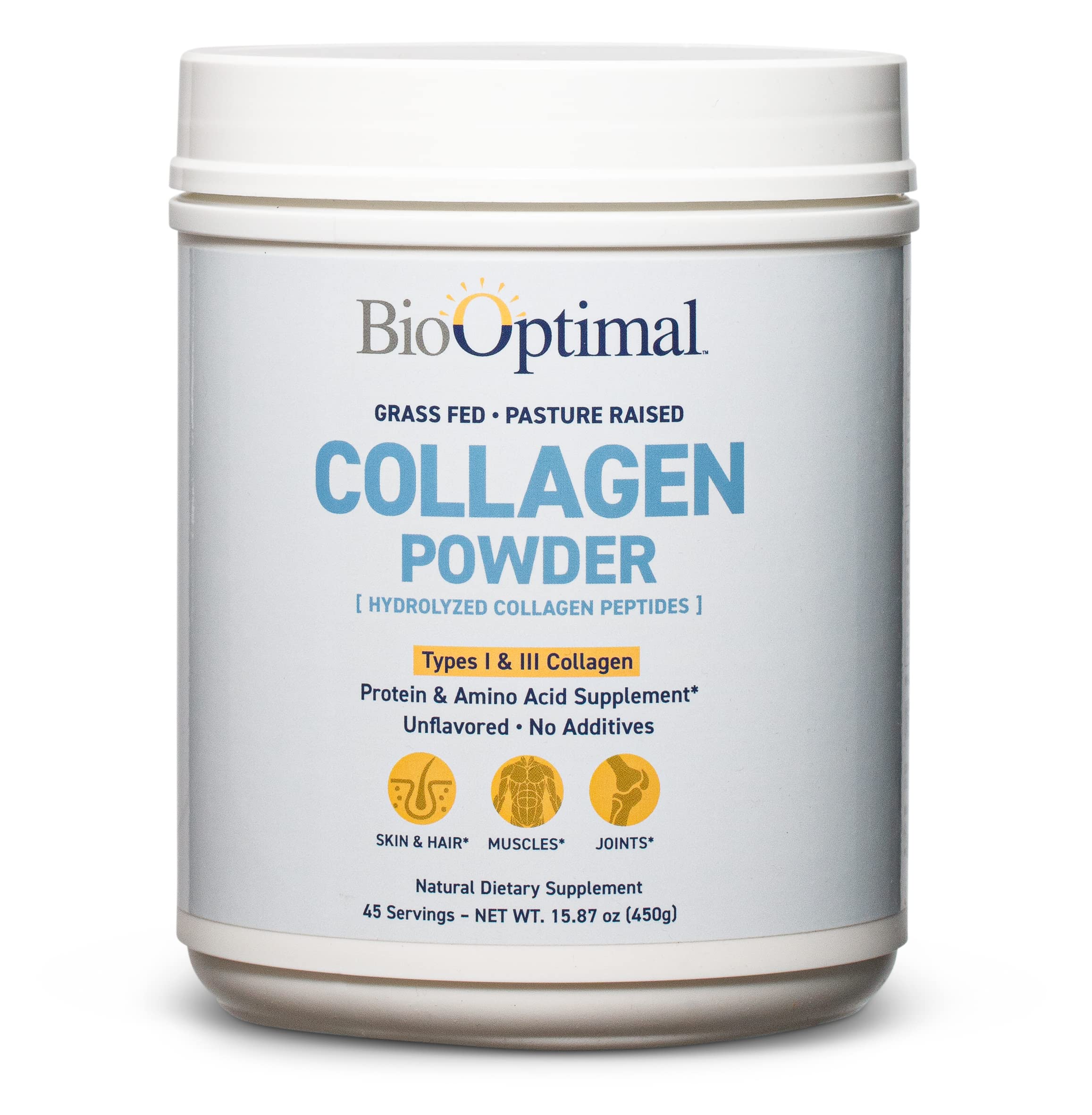 Front view of BioOptimal Collagen Powders tub