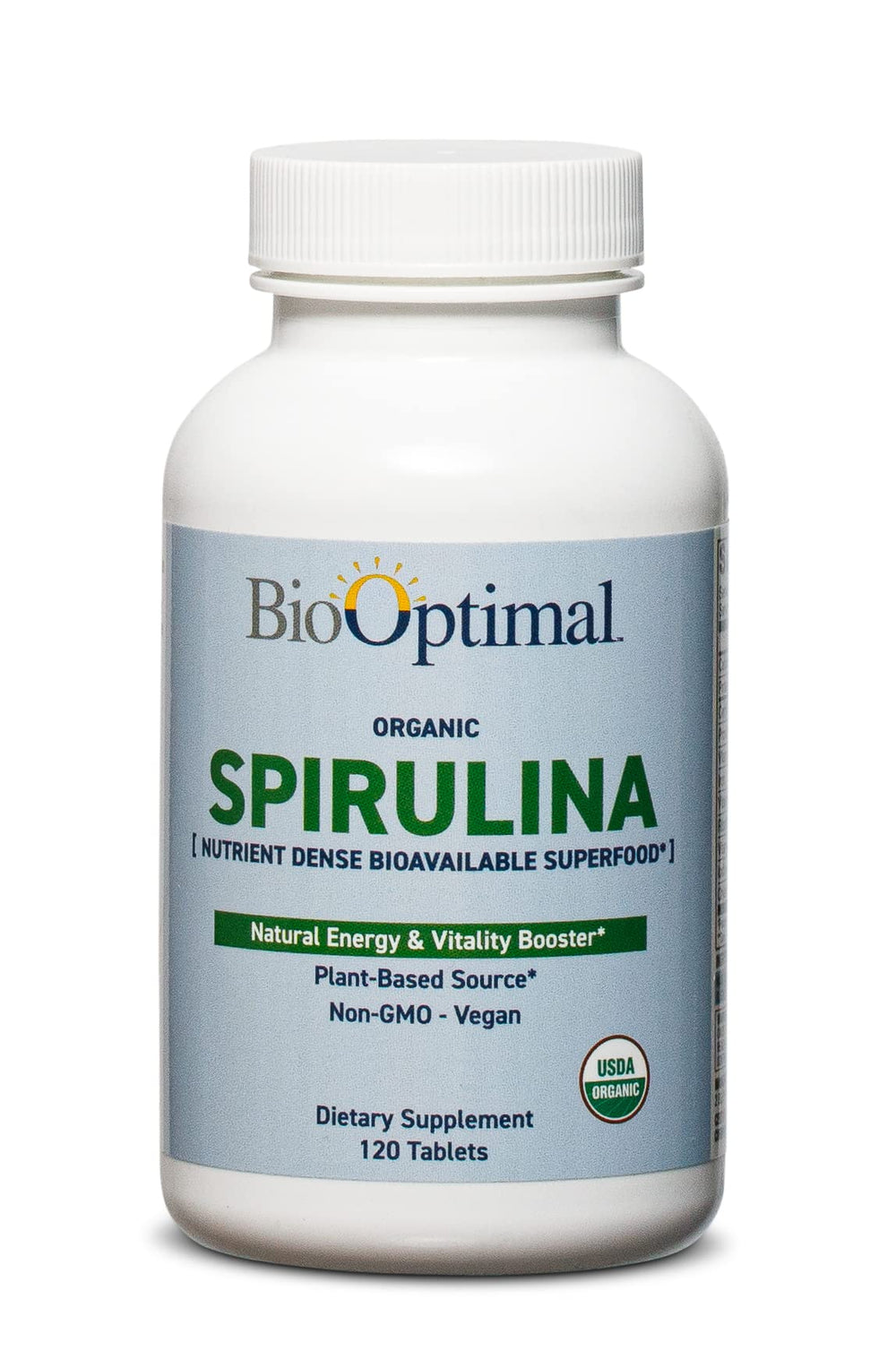 BioOptimal Spirulina tablets bottle front view