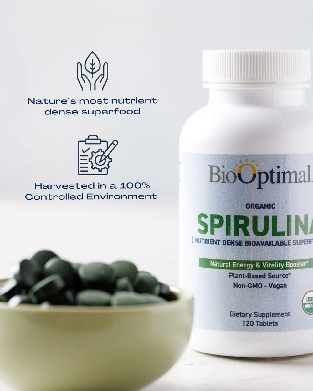 Second close-up of BioOptimal Spirulina tablet