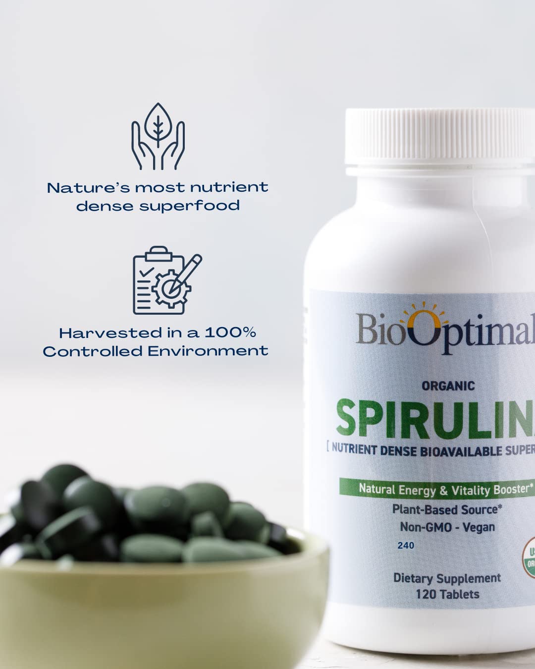Graphic illustrating vitamins, minerals, and antioxidants in BioOptimal Spirulina.