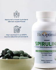 Graphic illustrating vitamins, minerals, and antioxidants in BioOptimal Spirulina.