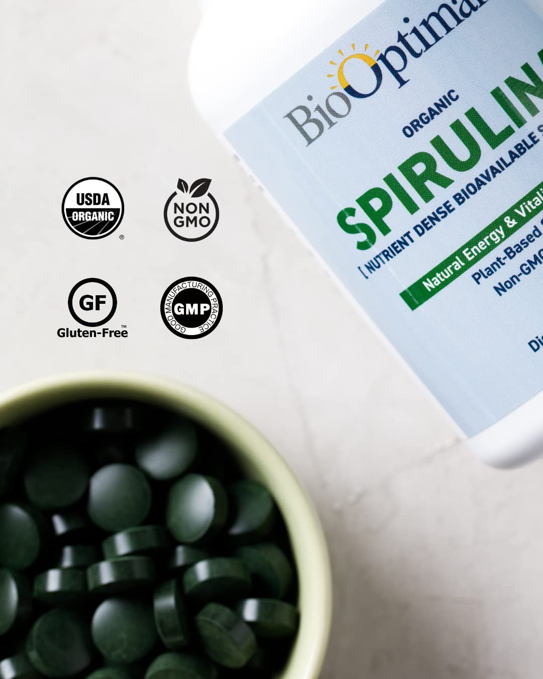Vegan, organic, non-GMO spirulina tablets