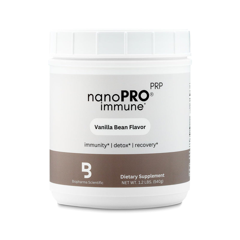 Front view of Biopharma Nanopro Immune Whey Protein powder canister in vanilla flavor