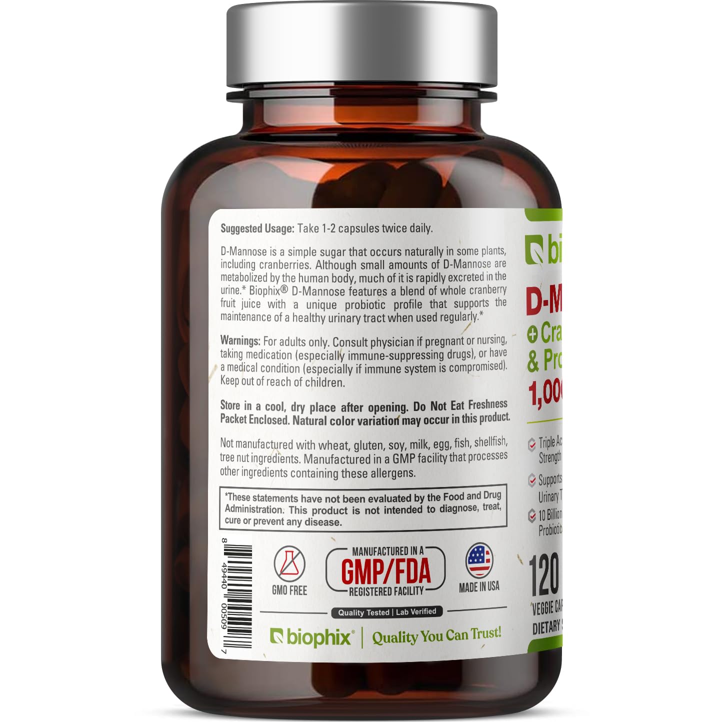 D-Mannose 1000mg capsules with Cranberry & Probiotics on display