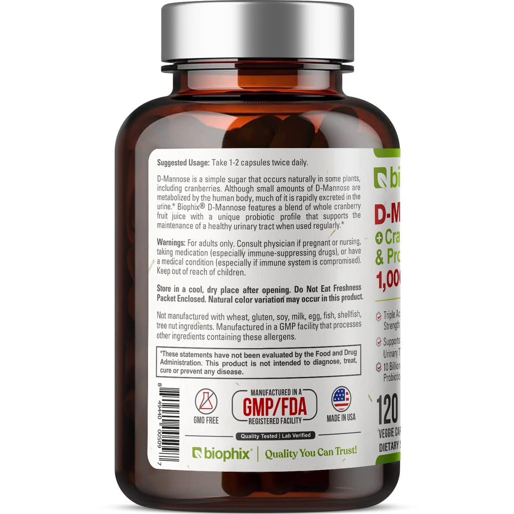 D-Mannose 1000mg capsules with Cranberry & Probiotics on display