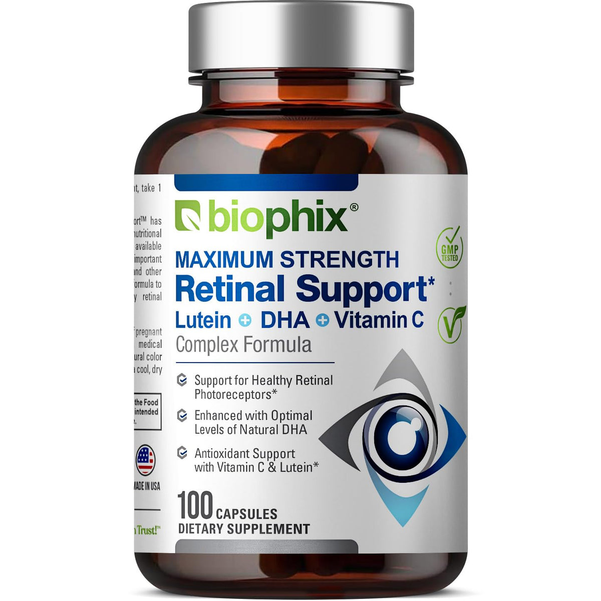 Biophix Retinal Support bottle with capsules on a light surface