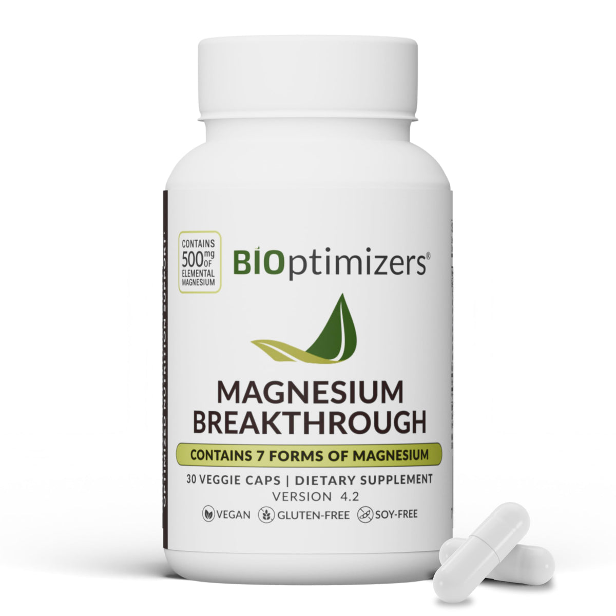 Front view of BIOptimizers Magnesium Breakthrough showing 7 magnesium forms including glycinate, malate, and citrate