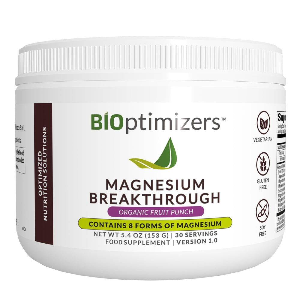 BIOptimizers Magnesium Breakthrough Drink bottle (Fruit Punch) showcasing 8 magnesium forms