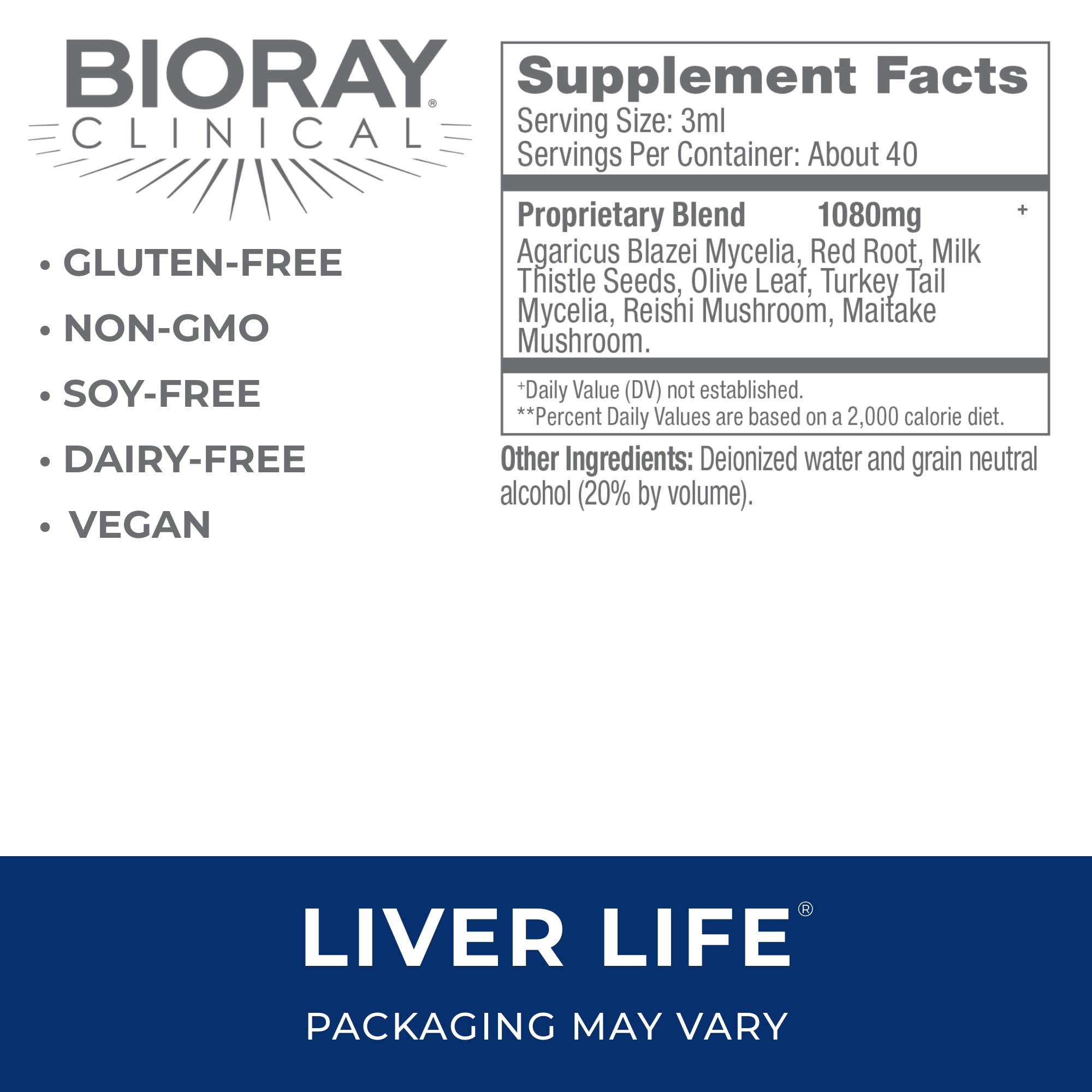 BIORAY Clinical Liver Life bottle label showing non-GMO vegetarian gluten free