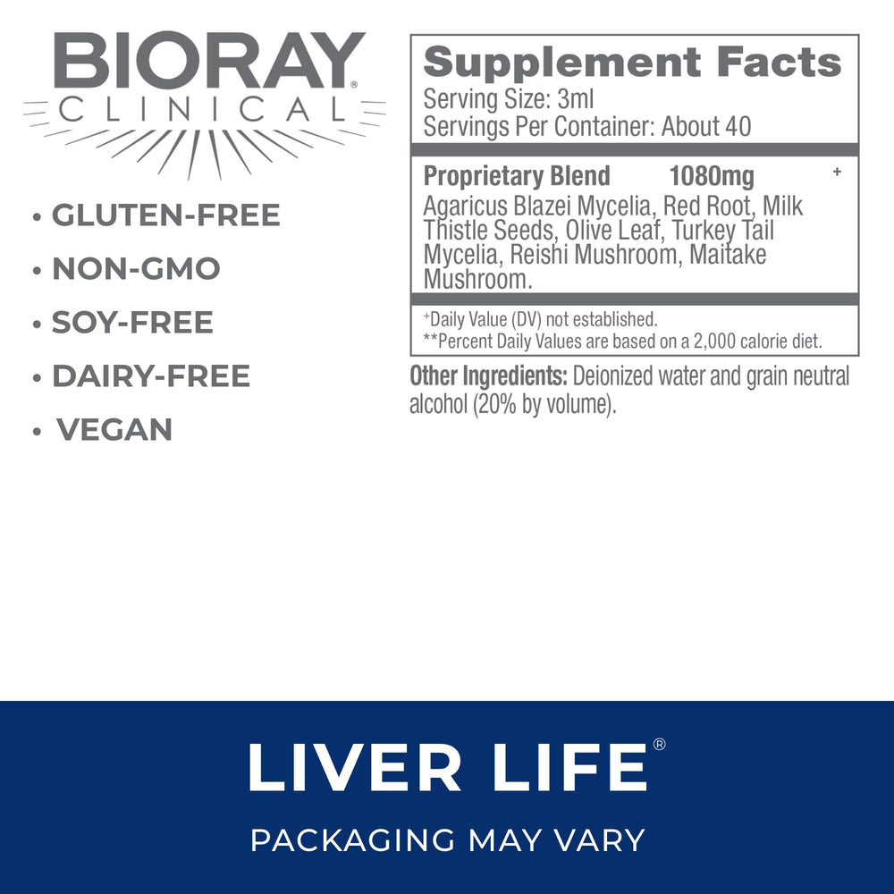 BIORAY Clinical Liver Life bottle label showing non-GMO vegetarian gluten free