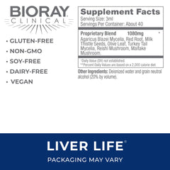 BIORAY Clinical Liver Life bottle label showing non-GMO vegetarian gluten free
