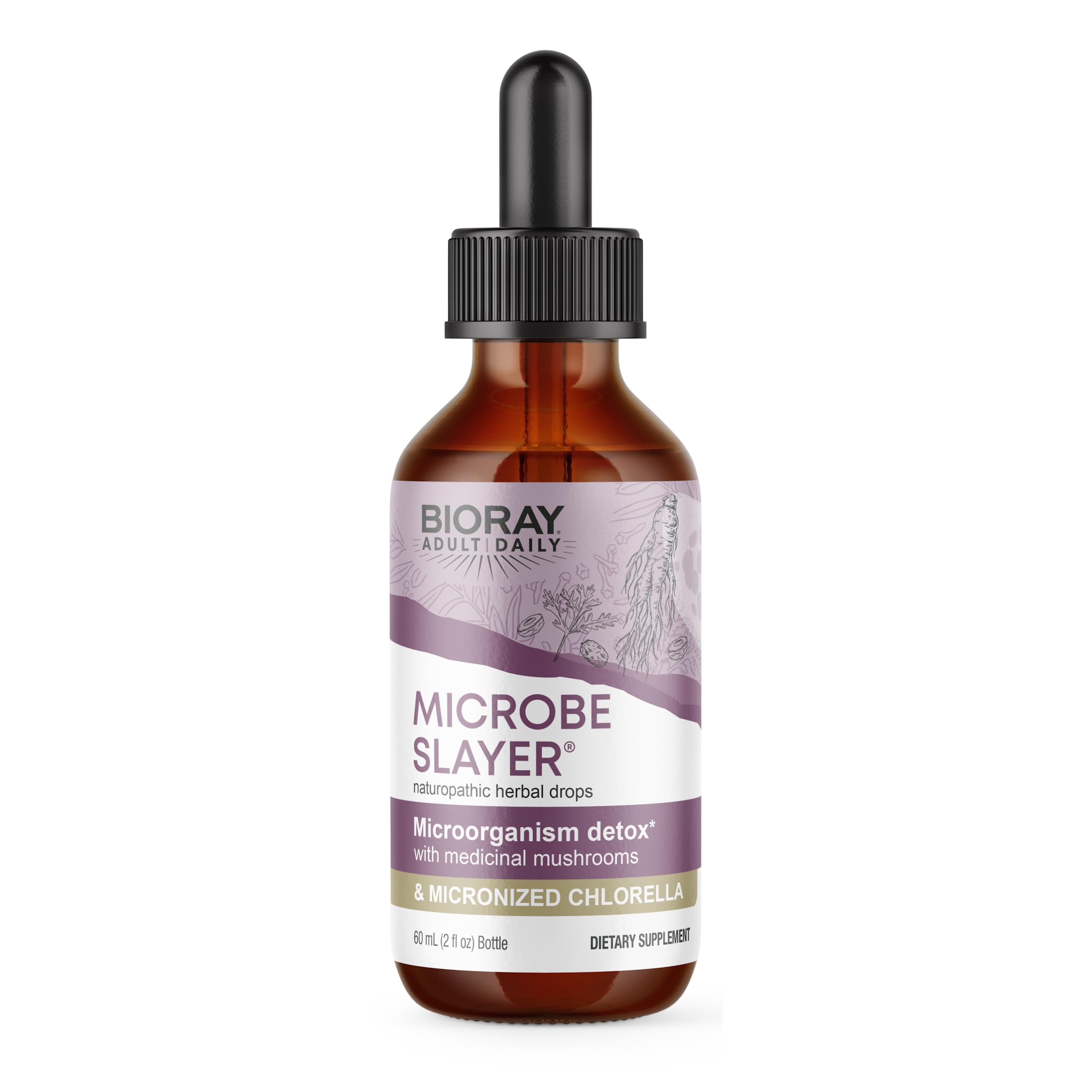 BIORAY Daily Microbe Slayer bottle highlighting digestive balance and liver support.