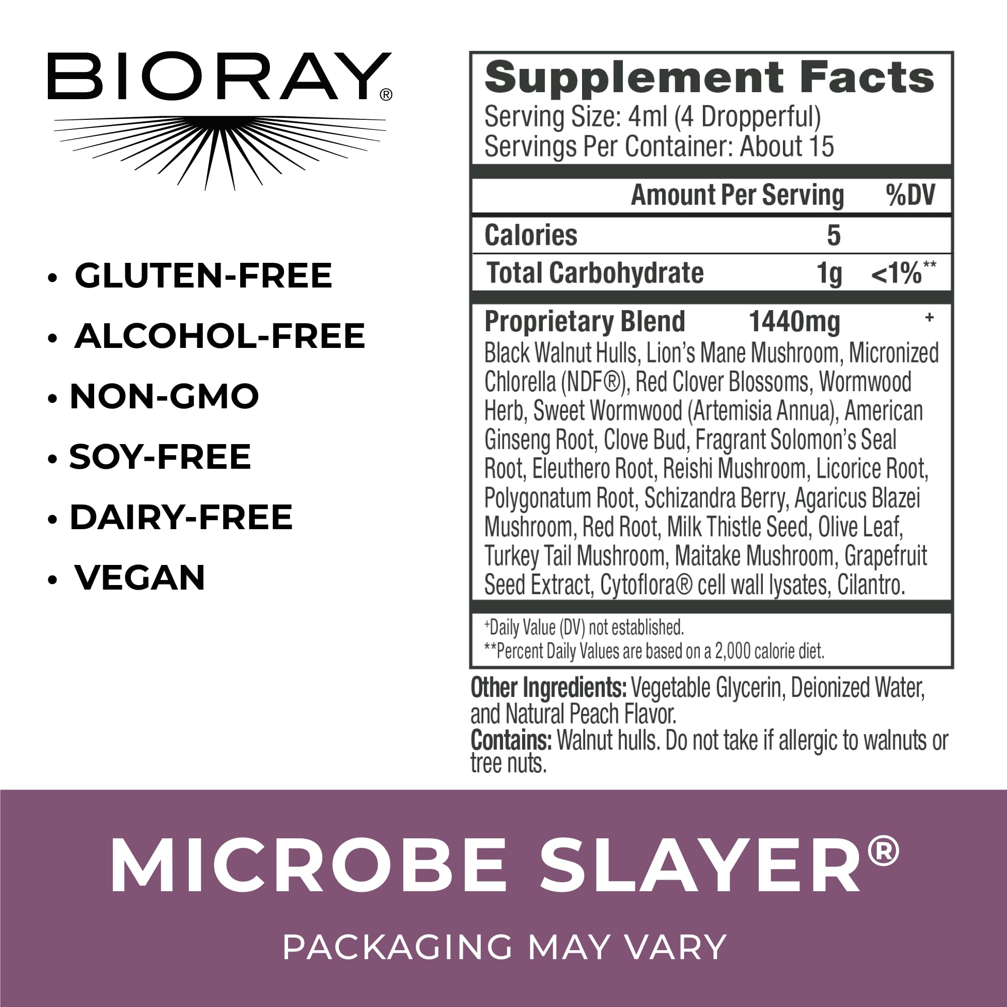 BIORAY Daily Microbe Slayer drops showing convenient use for gut balance.