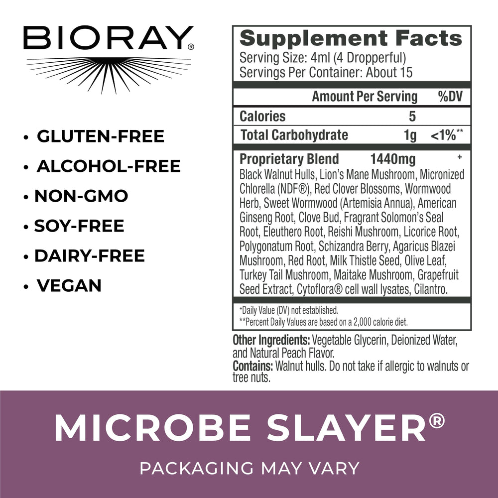 BIORAY Daily Microbe Slayer drops showing convenient use for gut balance.