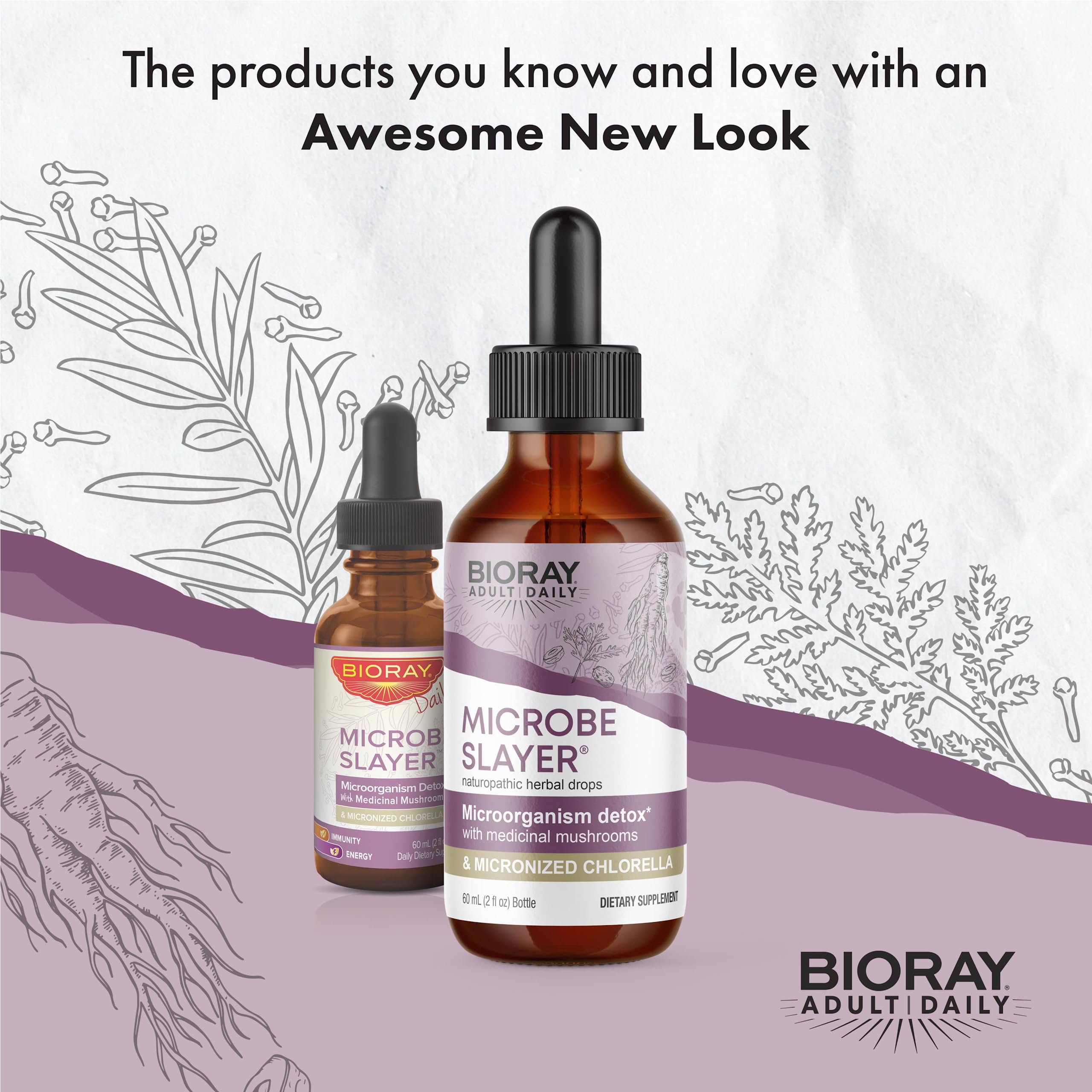 BIORAY Daily Microbe Slayer ingredients image emphasizing organic herbs promoting safety.