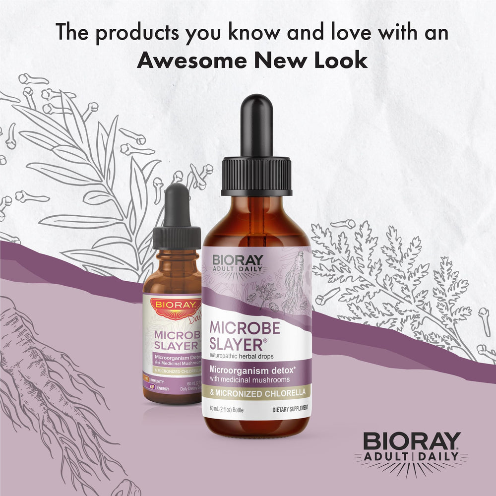 BIORAY Daily Microbe Slayer ingredients image emphasizing organic herbs promoting safety.