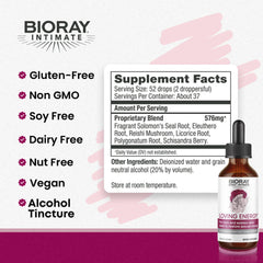 Close-up of BIORAY Intimate Loving Energy tincture bottle