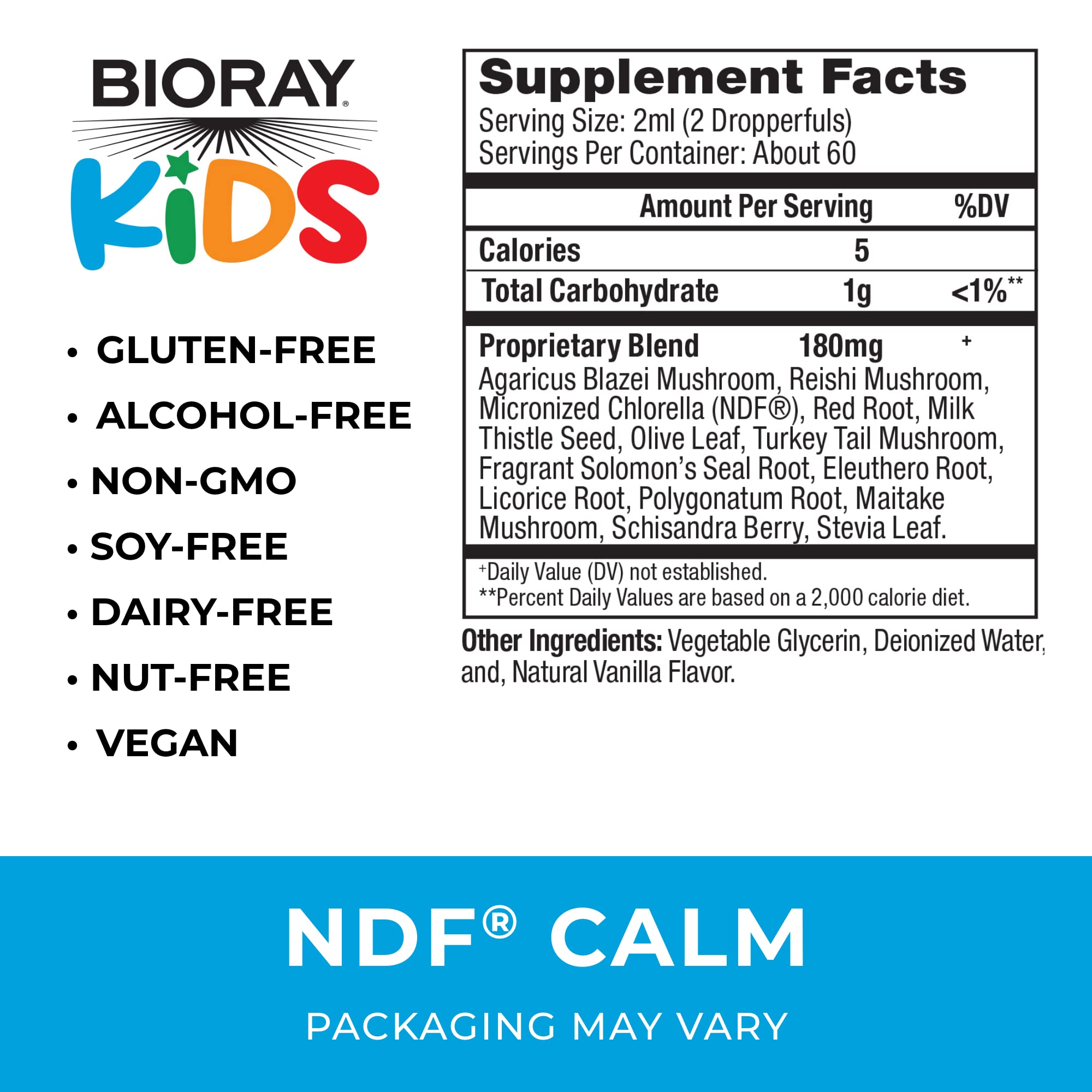 Product label for BIORAY Kids NDF Calm Vanilla