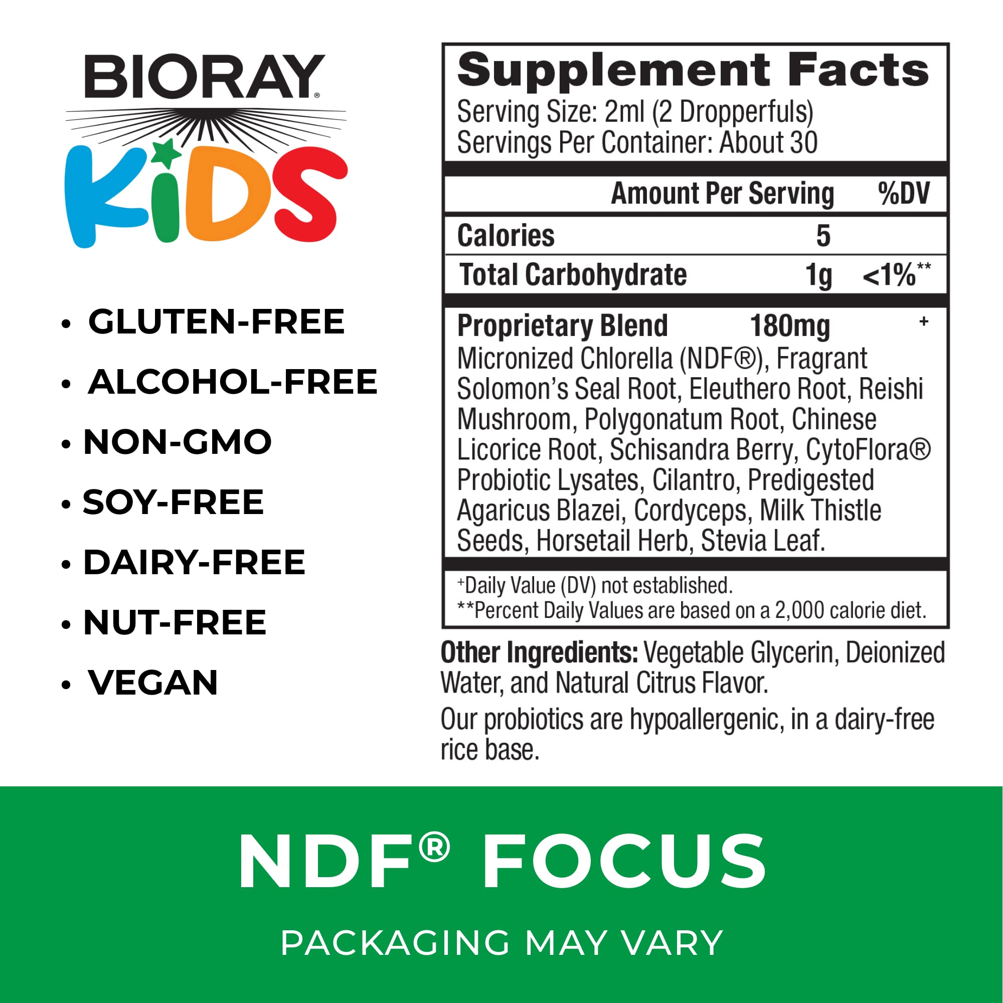 BIORAY Kids NDF Focus Citrus label highlights non-GMO and gluten-free formulation.