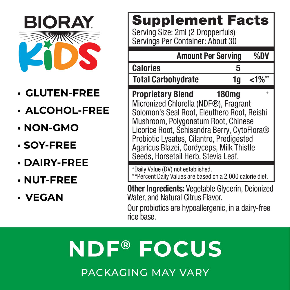 BIORAY Kids NDF Focus drops ready for quick use during homework sessions.