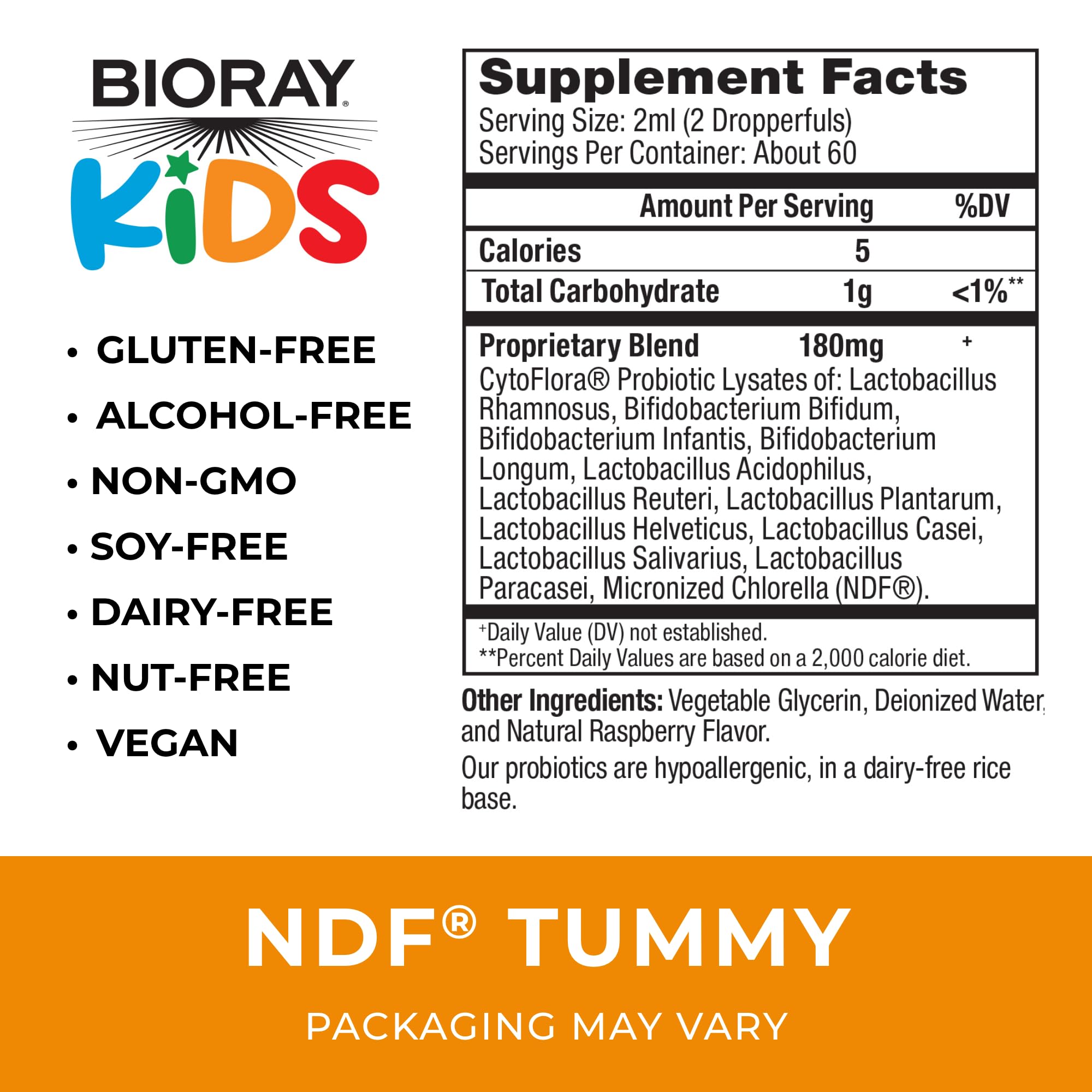 Close-up of NDF Tummy Raspberry liquid dropper and bottle label