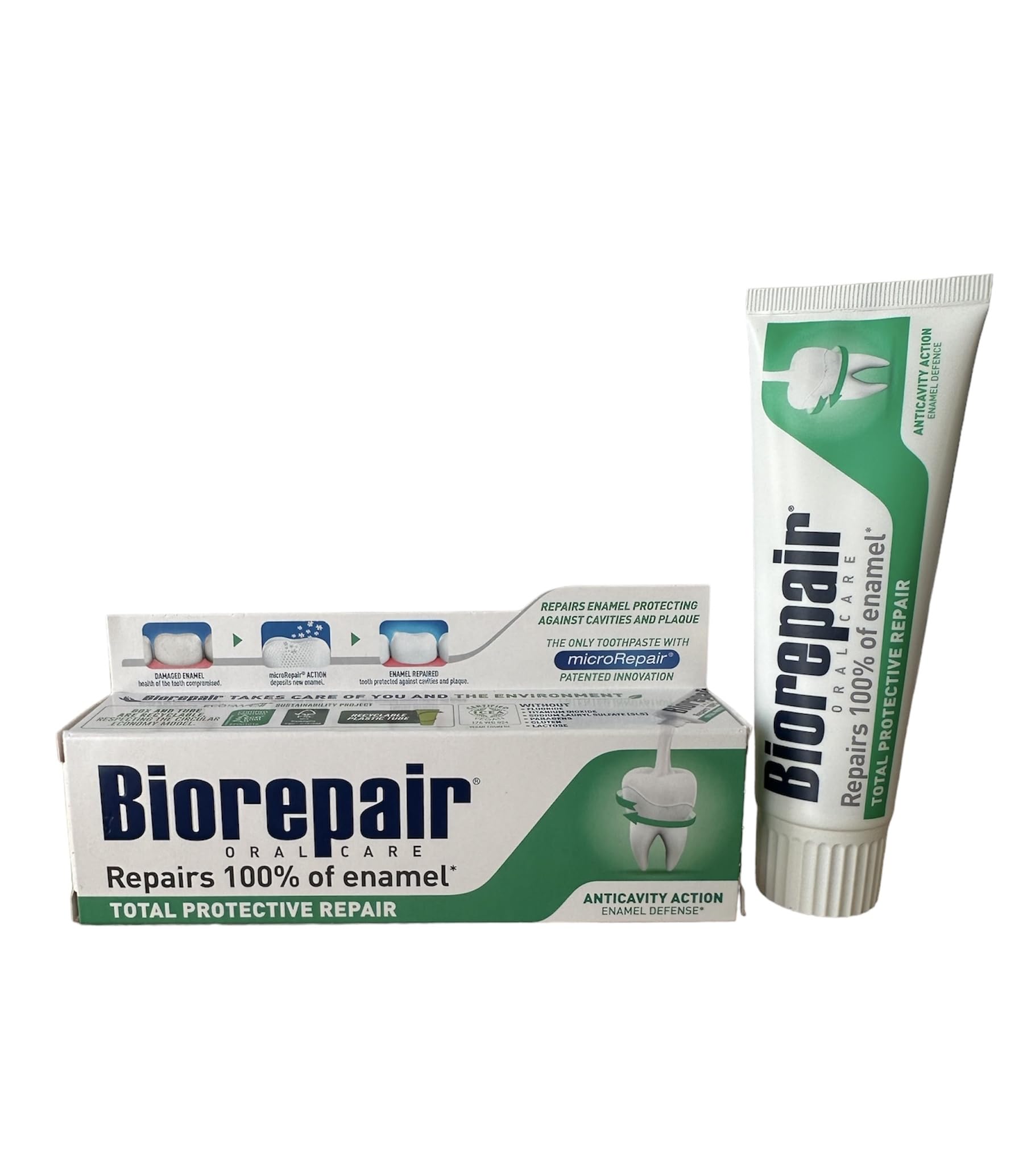 Close-up of Biorepair toothpaste tubes showing 75ml packaging and labeling