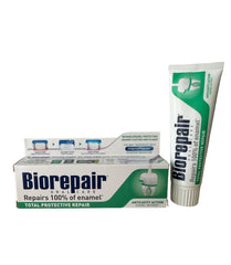 Close-up of Biorepair toothpaste tubes showing 75ml packaging and labeling