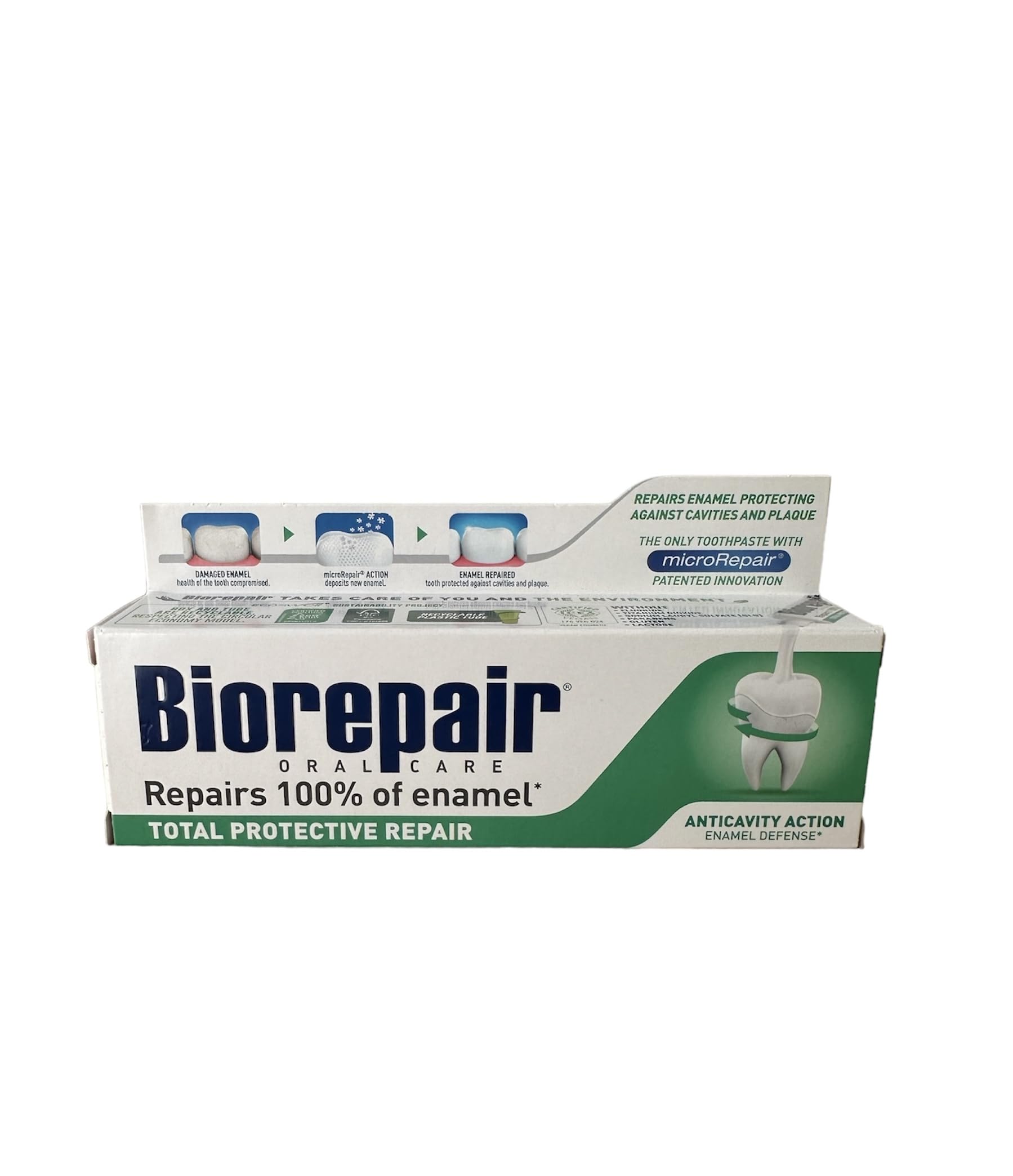 Biorepair enamel repair toothpaste with Italian packaging on display