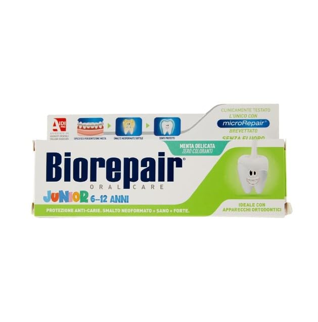 Biorepair Junior Toothpaste 7-14 years Fluoride Free with Mint – 75ml, Pack of 6, Italian Import