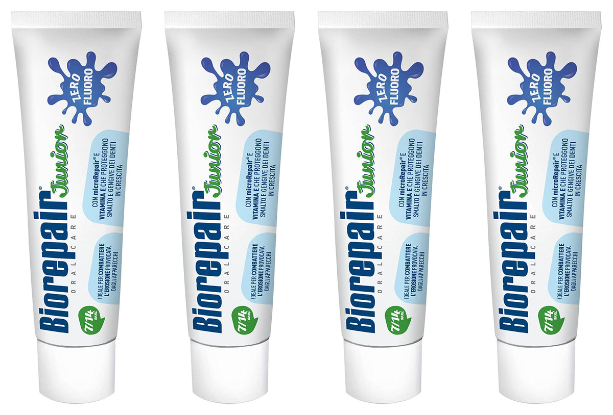 Biorepair Junior Fluoride-Free Toothpaste for 7-14 Years with Mint Extract, 4 tubes of 75ml, Italian Import