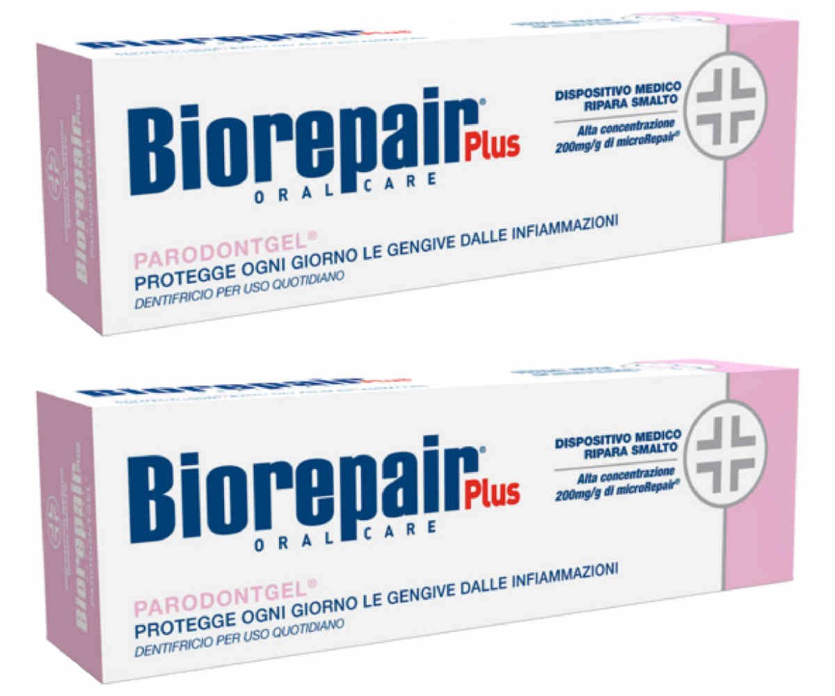 Front view of Biorepair Parodontgel 75ml two-tube pack