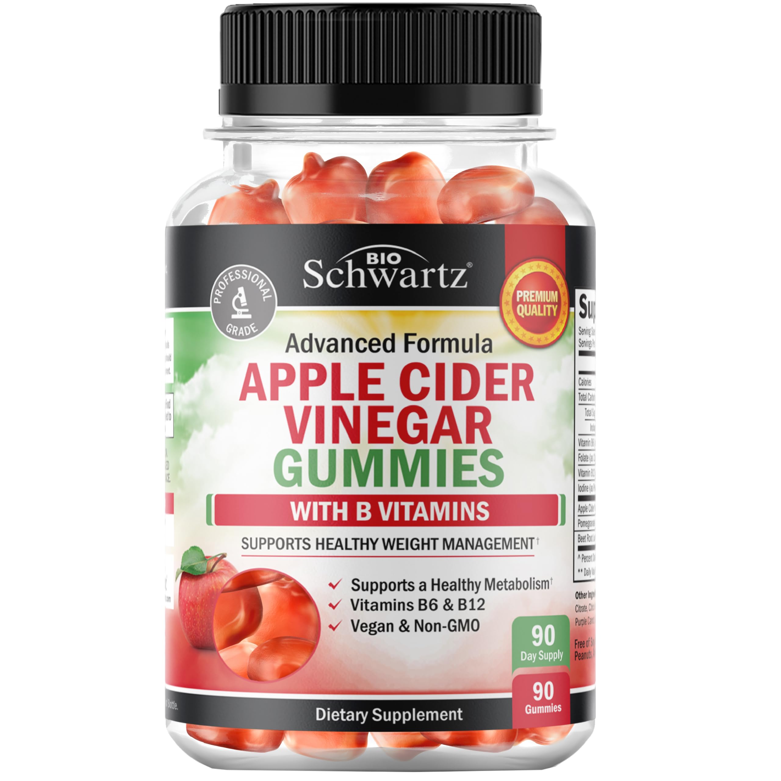 BioSchwartz Apple Cider Vinegar Gummies bottle highlighting apple flavor and digestive support.
