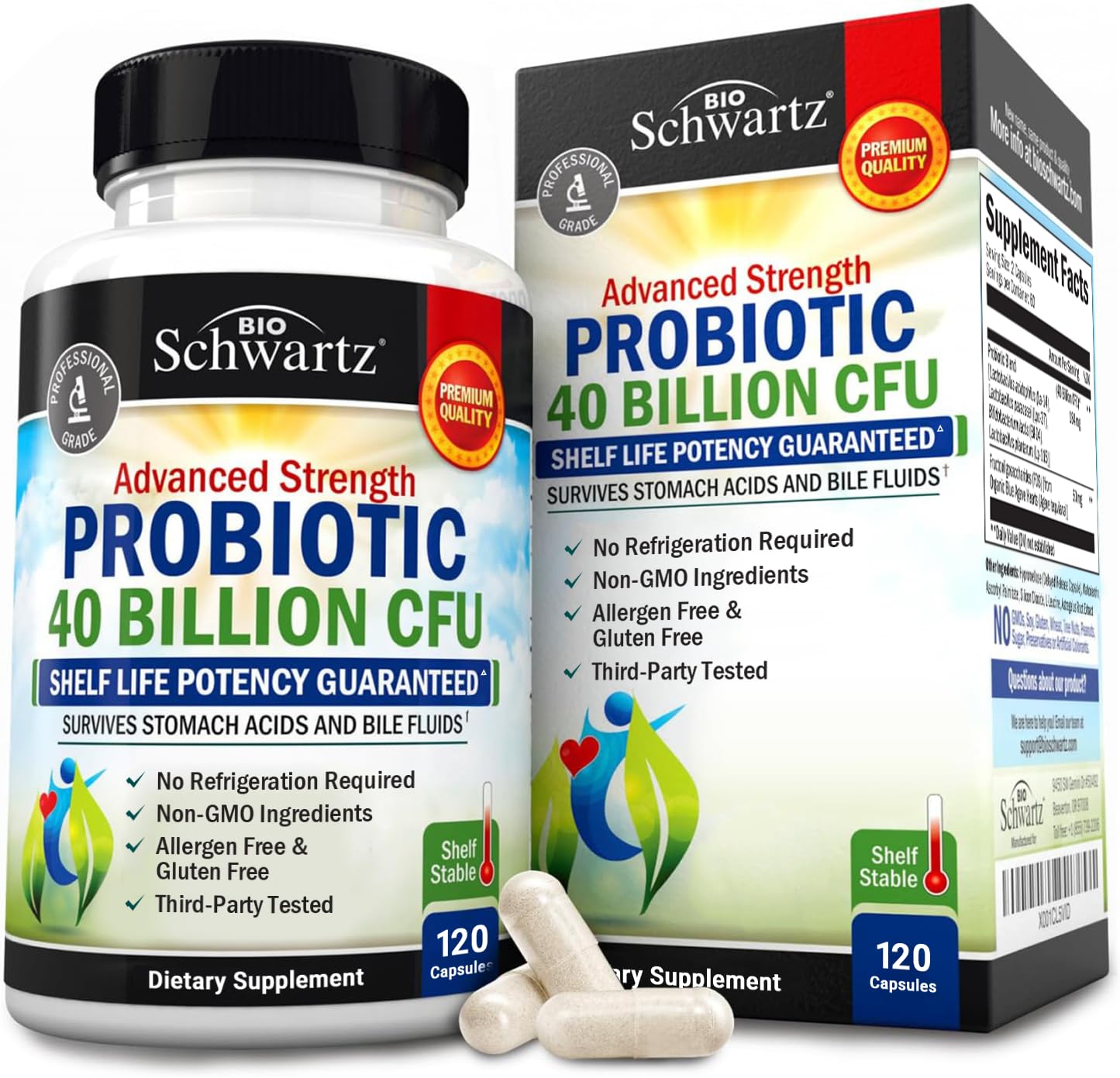 BioSchwartz Daily Probiotic bottle showing 40 Billion CFU and astragalus