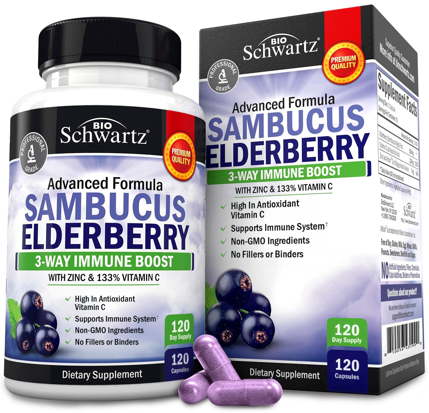 BioSchwartz Elderberry Capsules bottle front label with 120-count