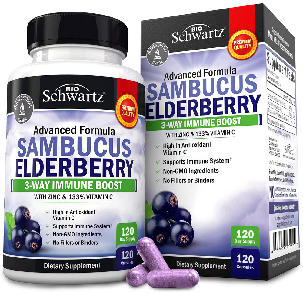 BioSchwartz Elderberry Capsules bottle front label with 120-count