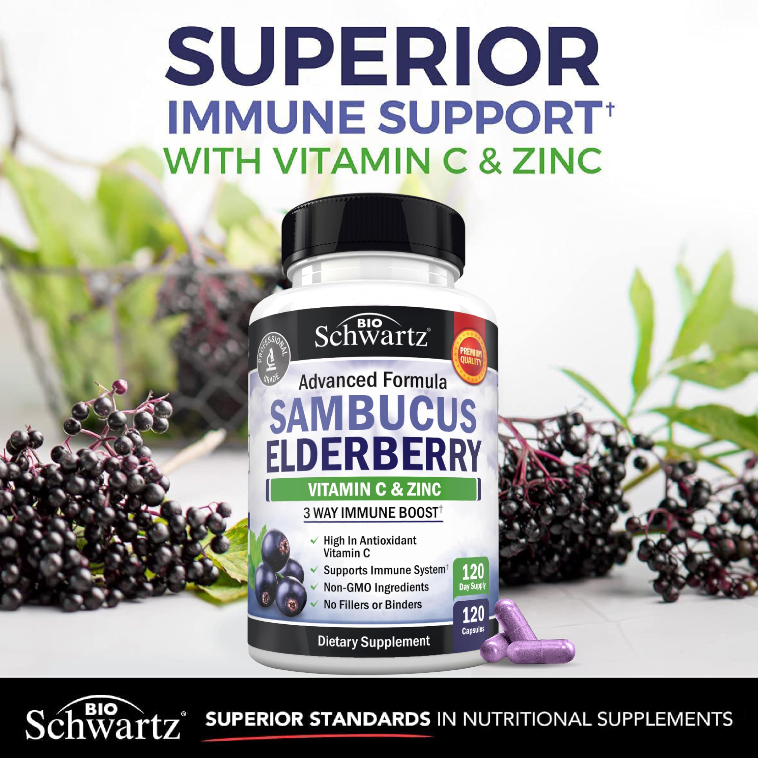 Capsules containing elderberry, vitamin C, and zinc ingredients
