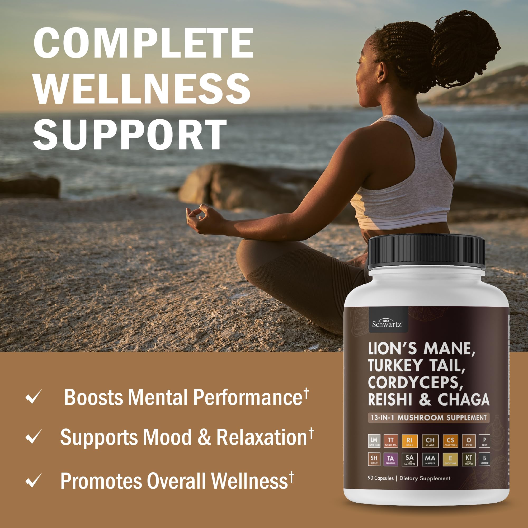 Lions mane, chaga, reishi, and cordyceps mushrooms in BioSchwartz formula