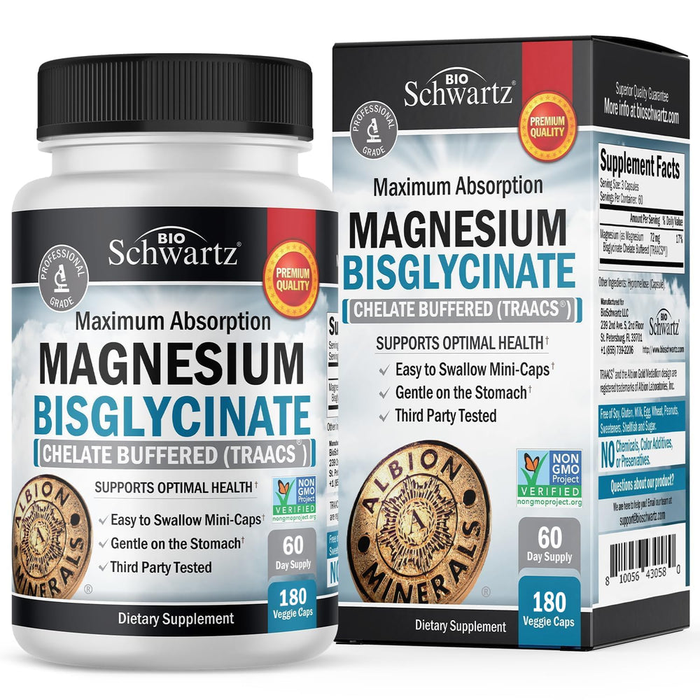 BioSchwartz Magnesium Bisglycinate mini capsules closeup emphasizing easy swallowing