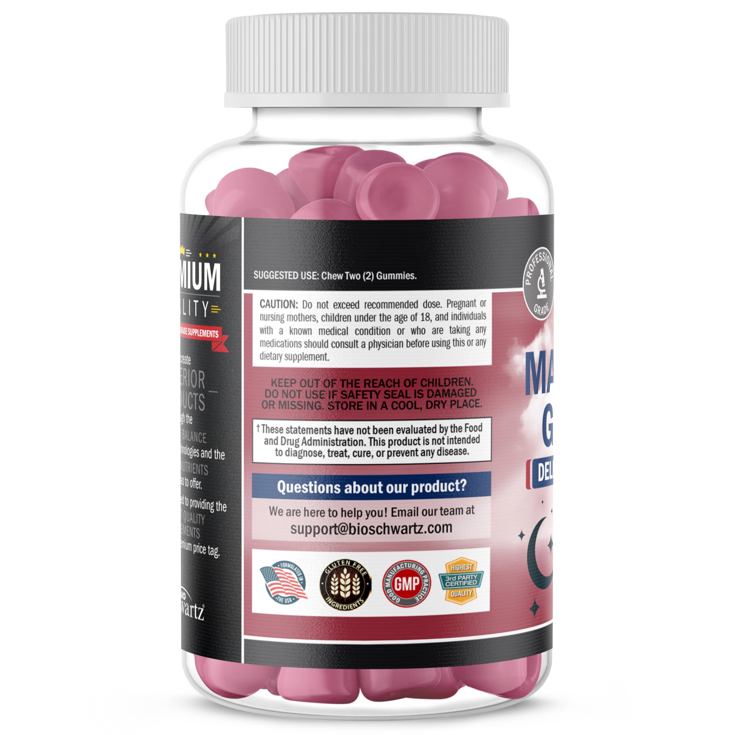 Packaging and box of BioSchwartz Sugar Free Magnesium Gummies Berry flavor