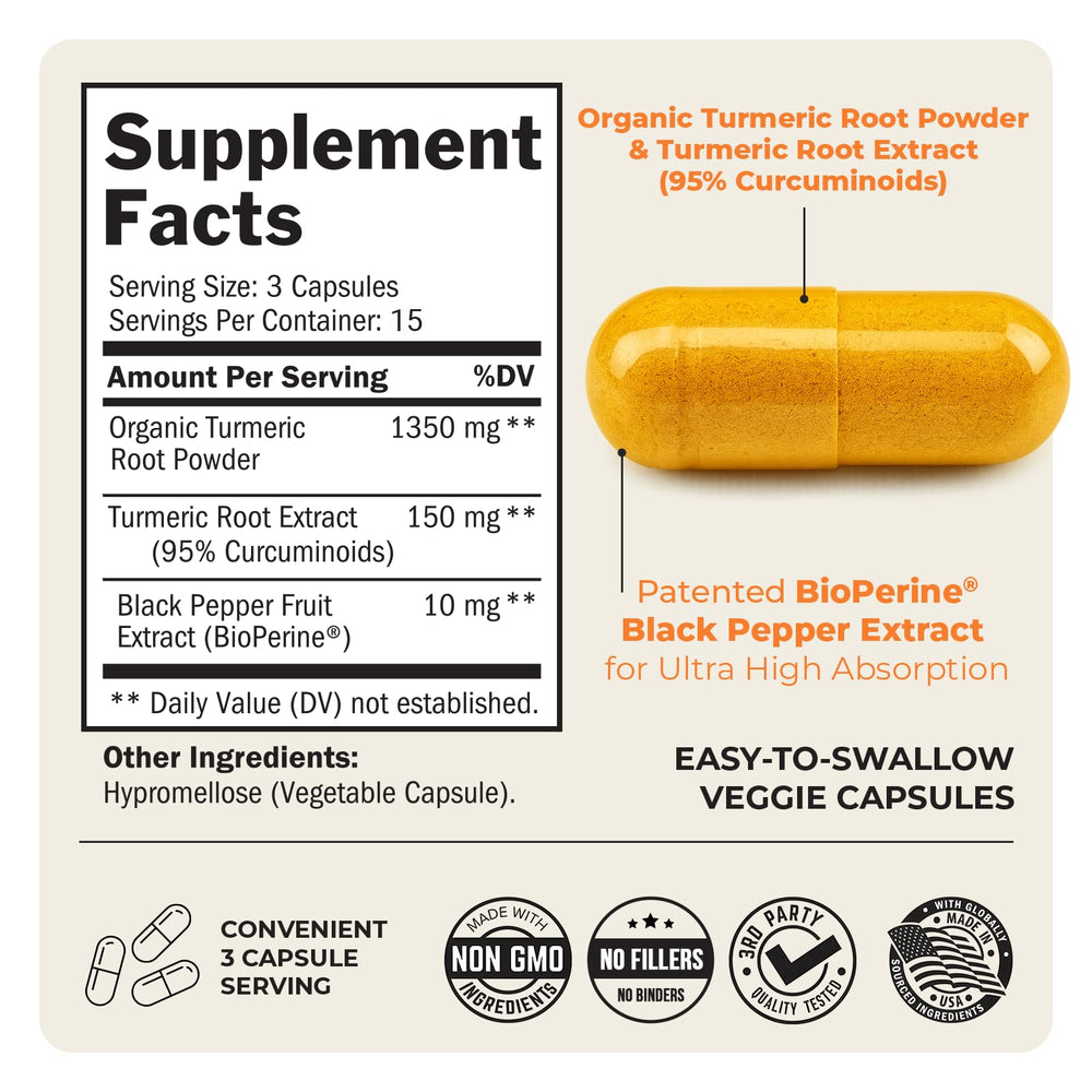 Organic turmeric powder on spoon highlights pure sourcing.